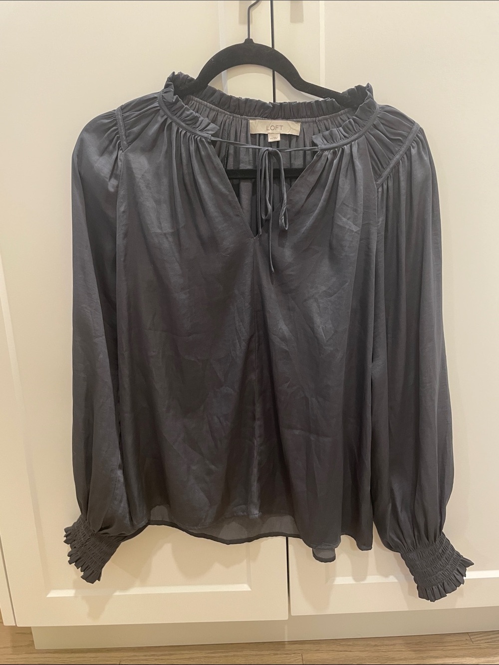 LOFT Slate Gray Peasant Tie-Neck Blouse